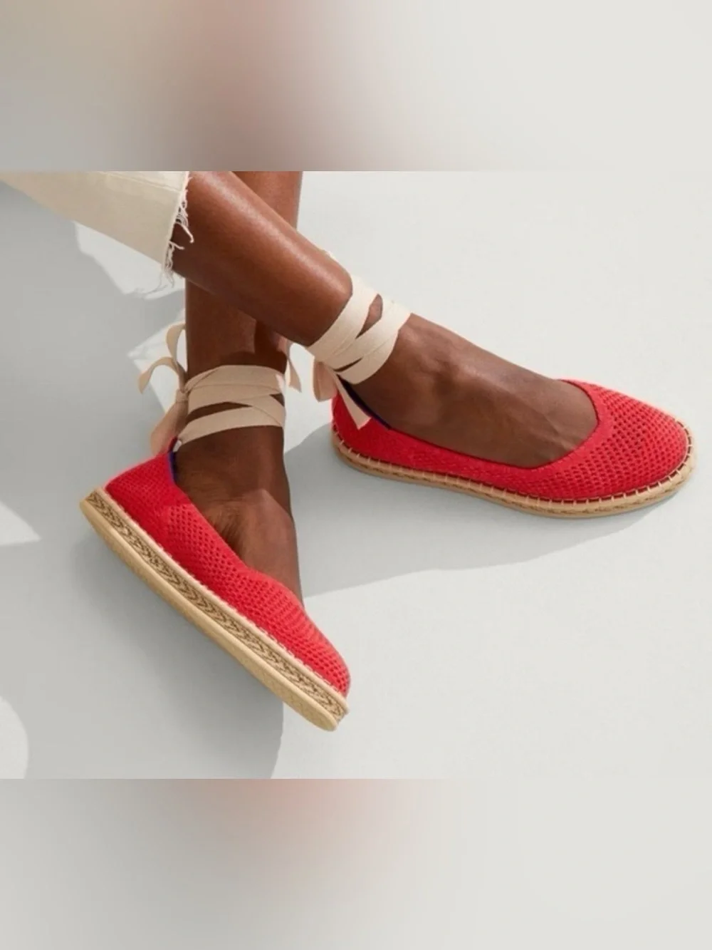 Rothy's Red Espadrille Flats with Cream Ankle Wrap